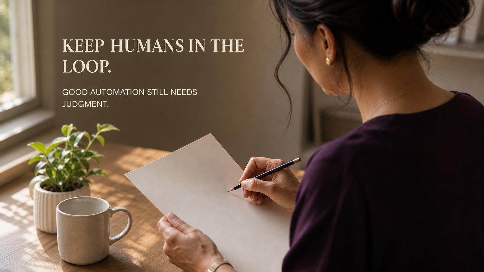 Professional reviewing a printed document with a pencil near a window with native human-review typography.