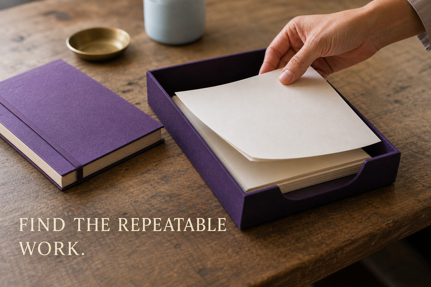 Hand organizing repeatable paper tasks into an orderly desk system with native repeated-work typography.