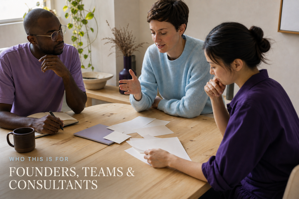 Small team having a focused planning conversation around a table with native audience typography.