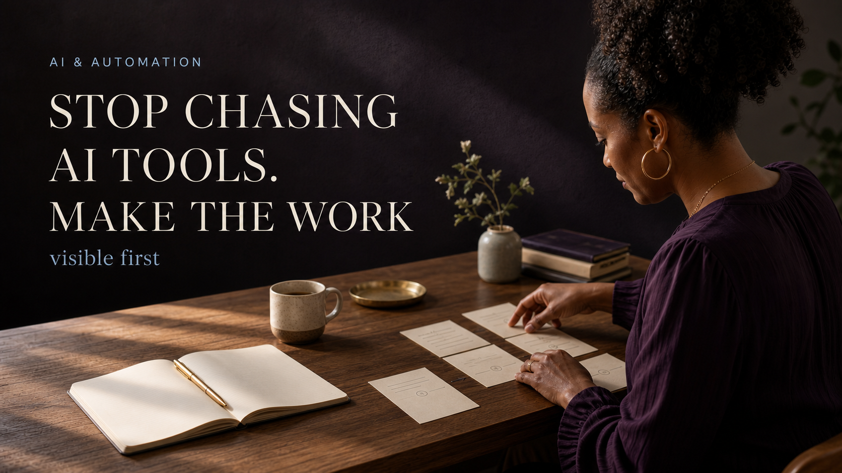AI and Automation: Black woman founder mapping a visible workflow at a warm wooden desk.