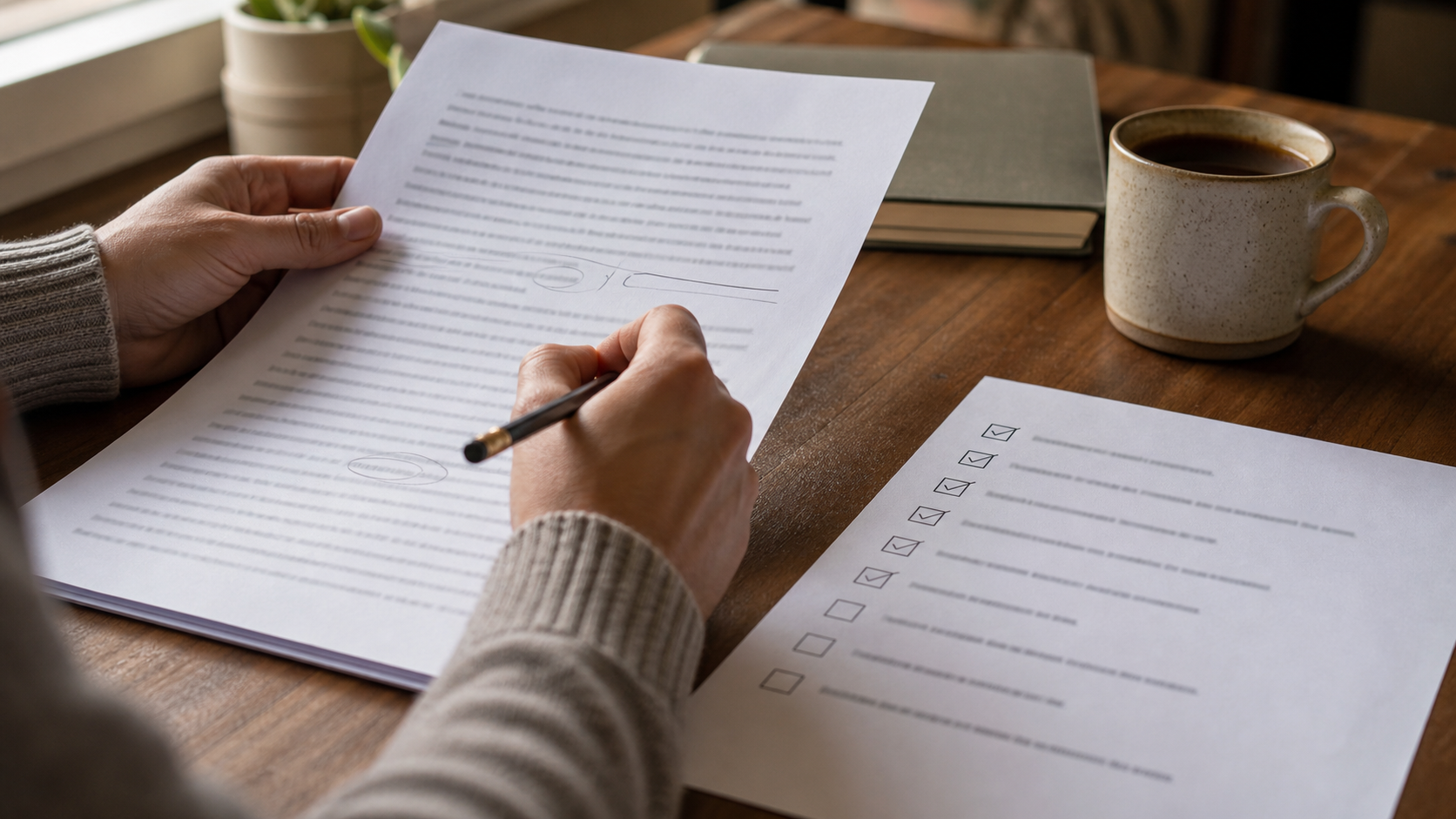 Professional reviewing a generic draft and quality checklist with a pencil.