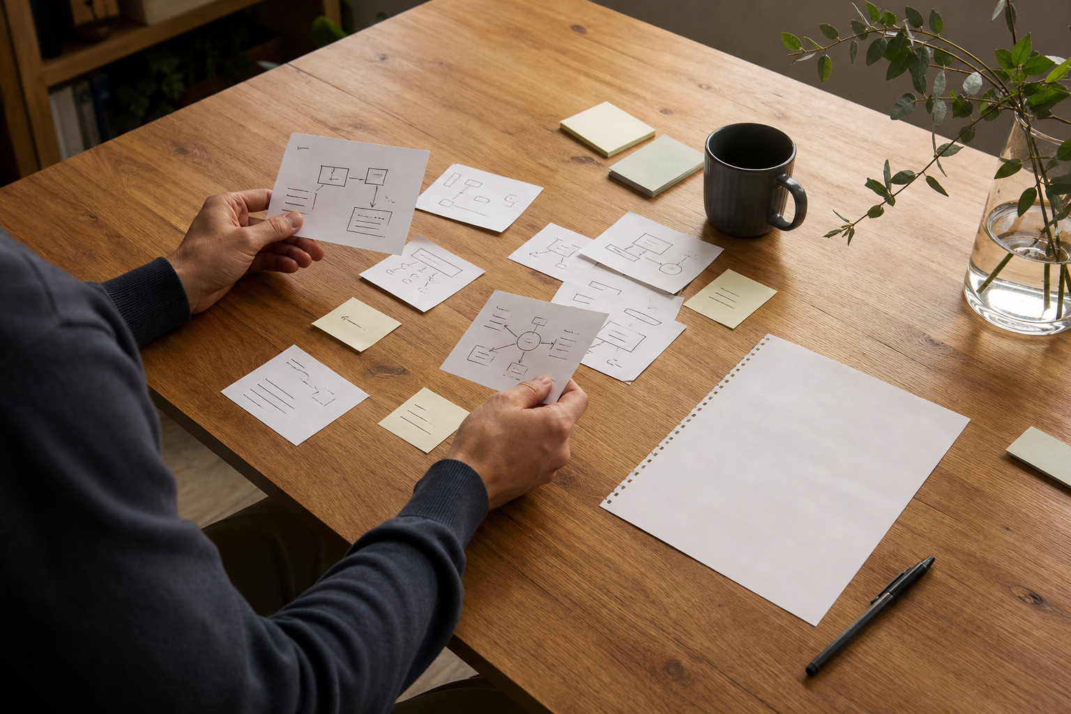 Anonymous person comparing disconnected process notes beside a blank workflow page.