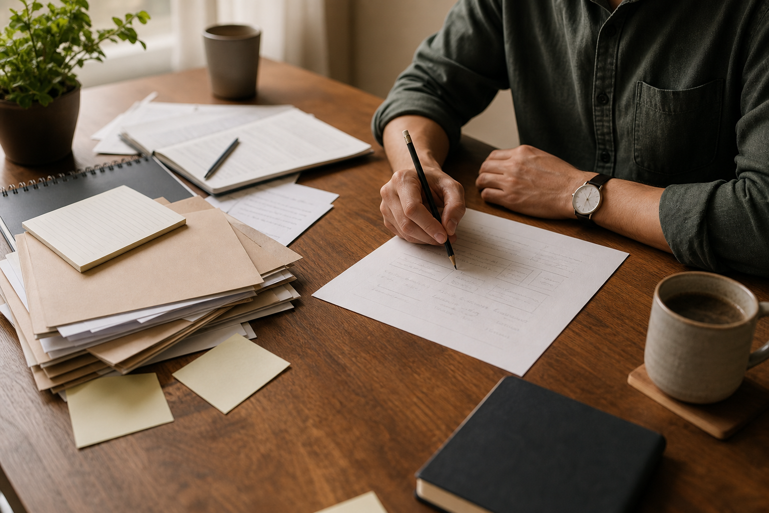 Anonymous professional moving from scattered preparation materials to one focused work page.