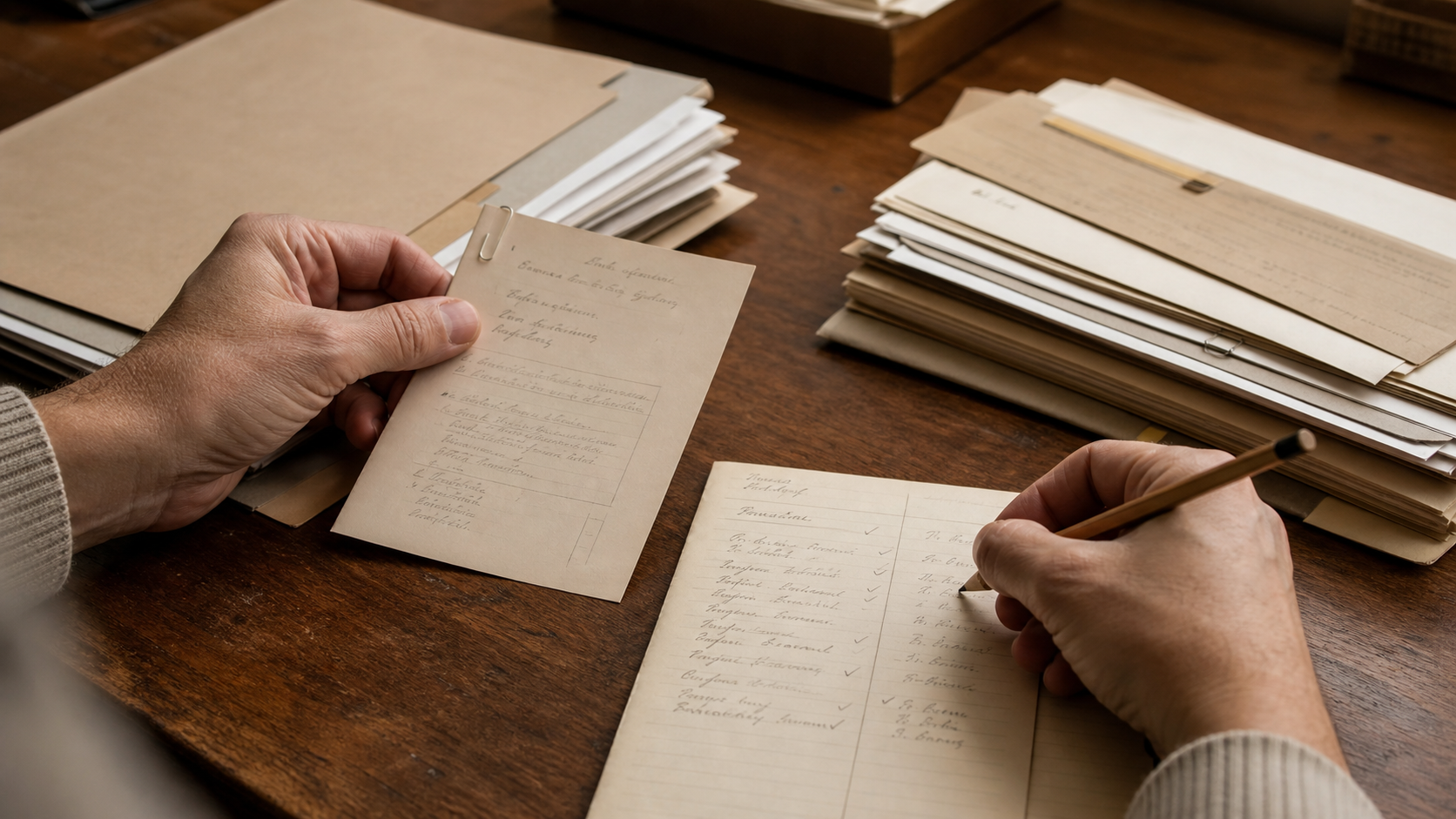 Hands sorting generic source packets while reviewing a decision note.