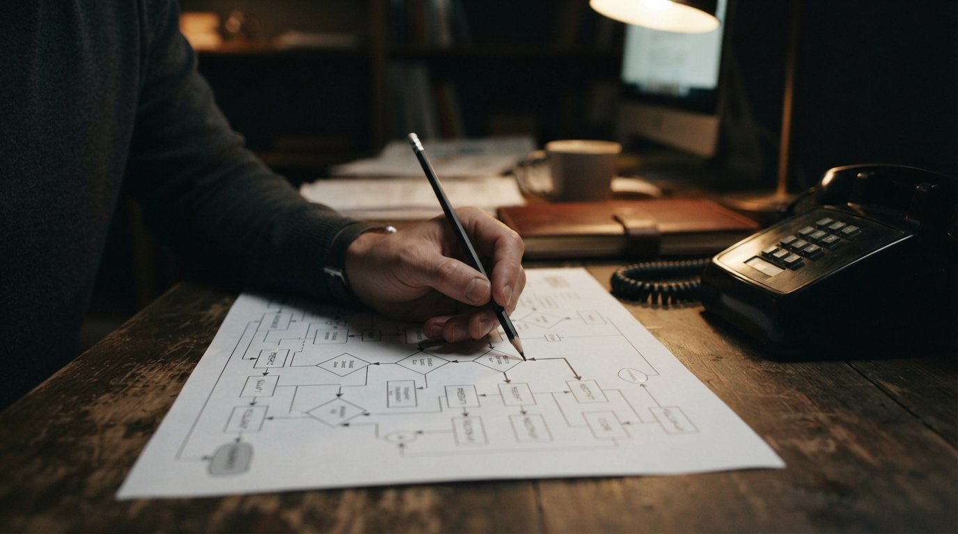 Illustration of someone tracing decisions and handoffs on a printed process map