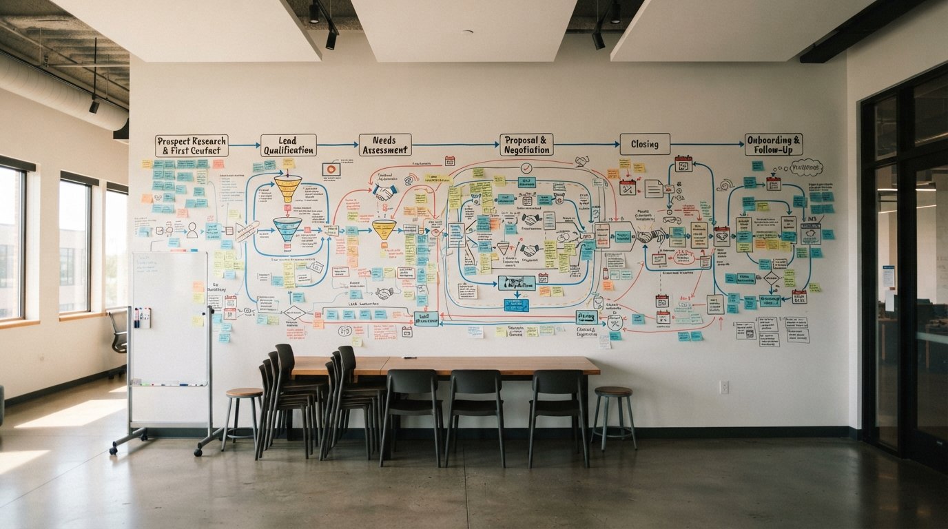 Illustration of a training room with a branching journey map on the wall