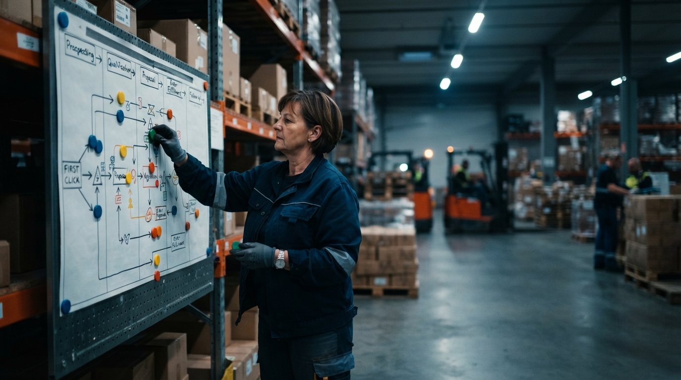Illustration of a worker using a handoff map in a workplace